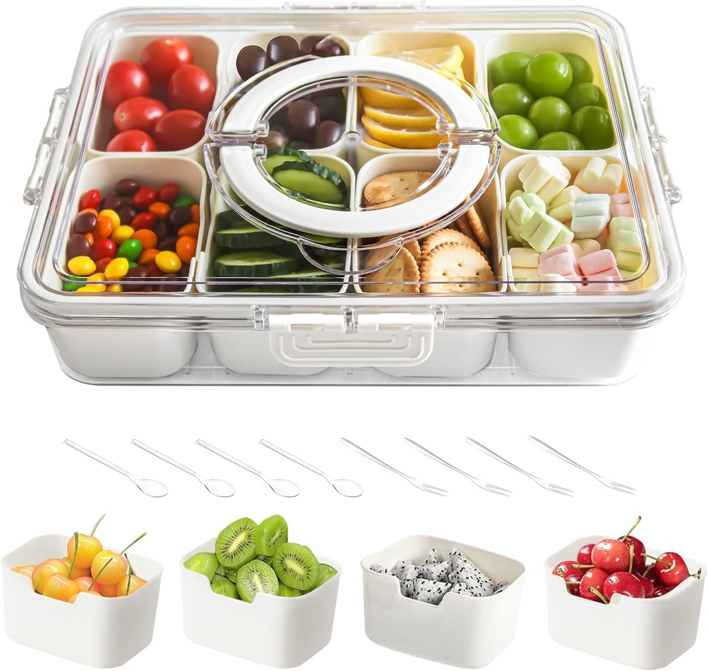 Snackle Box Container,Divided Serving Tray with Lid and Handle,Portable Snack Containers,8 Compartment Snack Box Container,Transparent Storage Box for Fruits,Vegetables, Candies
