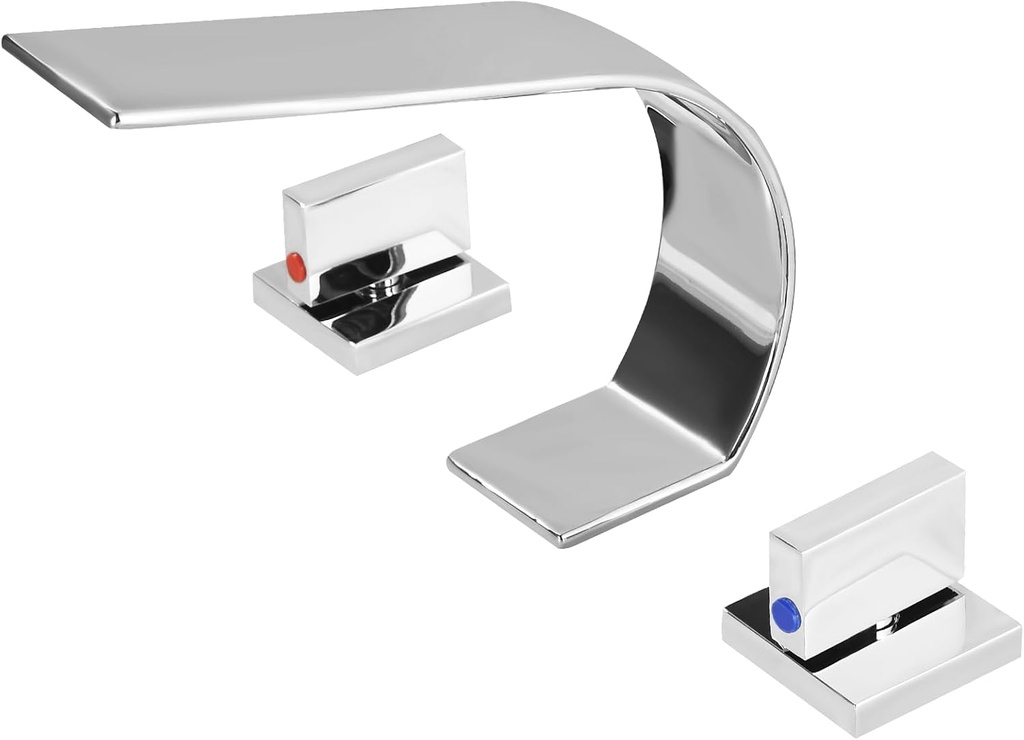 becola Chrome Bathroom Faucet 3 Hole,Ultrathin Low Arc 8 inch Widespread Bathroom Faucet,Waterfall Bathroom Faucet,2-Handle Modern Vanity Faucet with Hot and Cold Water Supply Hoses