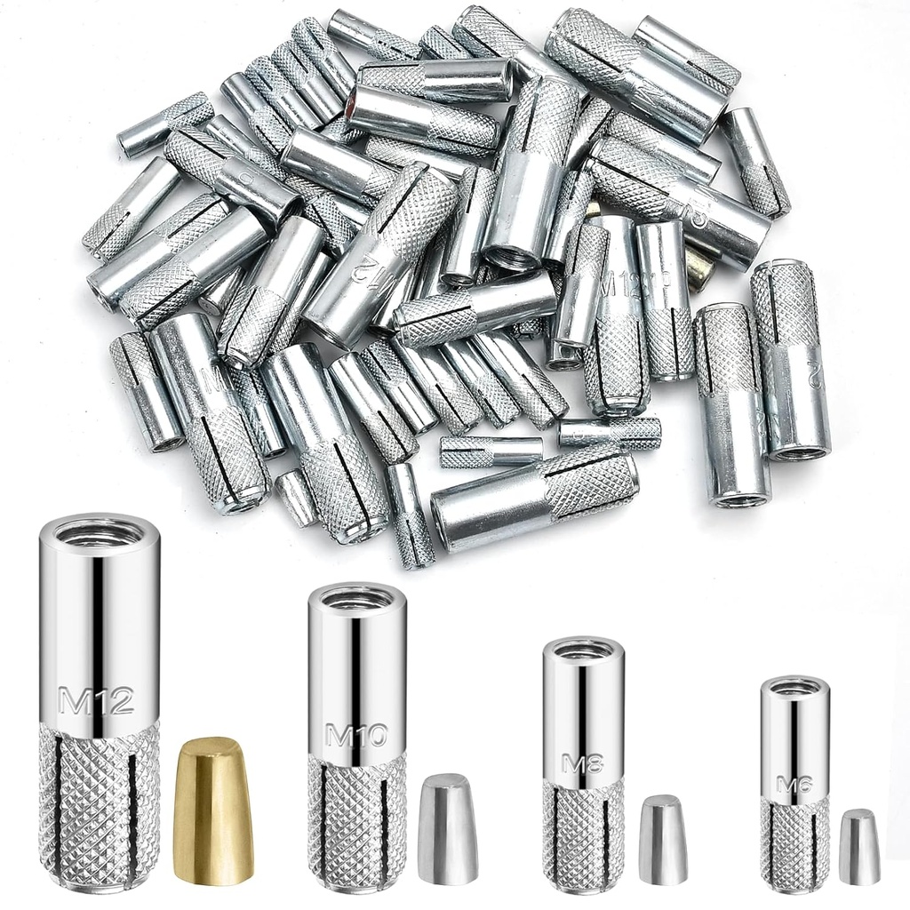 60 Pcs 1/4" 5/16" 3/8" 1/2" Concrete Anchors, Zinc-Plated Carbon Steel Drop in Anchors Assortment Kit, Expansion Bolts for Concrete Drywall
