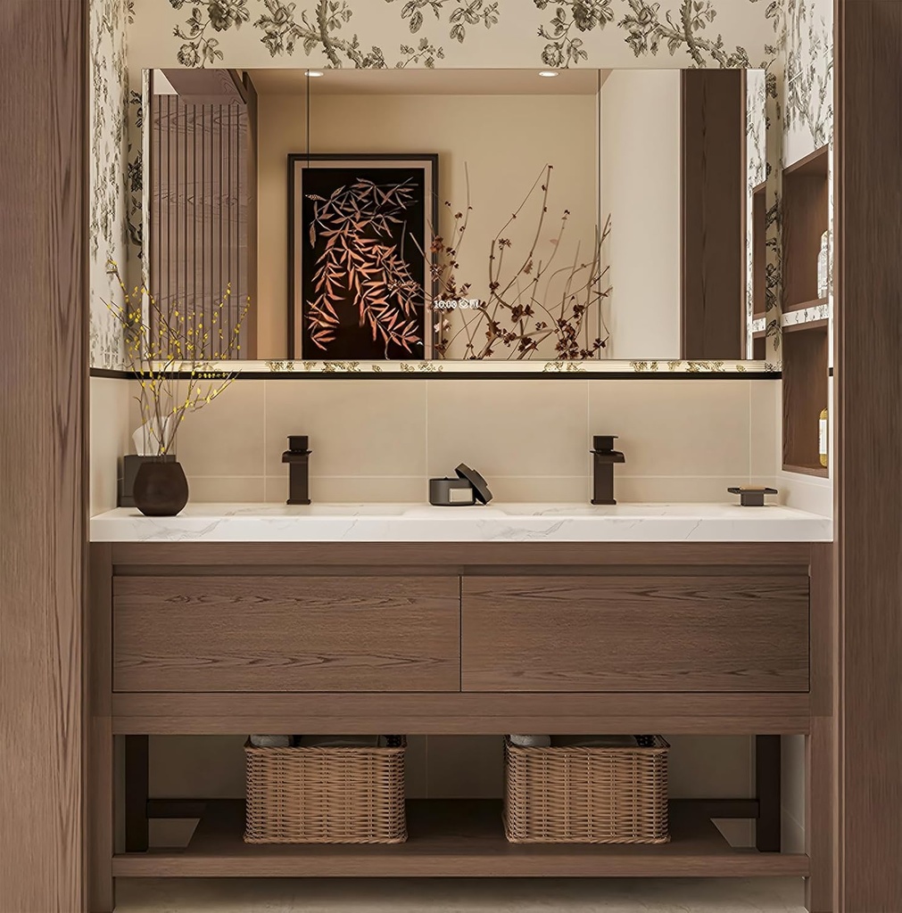 Solid Wood Vanities for Bathroom, Freestanding Bathroom Vanity with Sink, Double Sink Bathroom Vanity Set Includes Smart Defogging Mirror Cabinet & Bottom Open Storage Layer (Walnut,92")