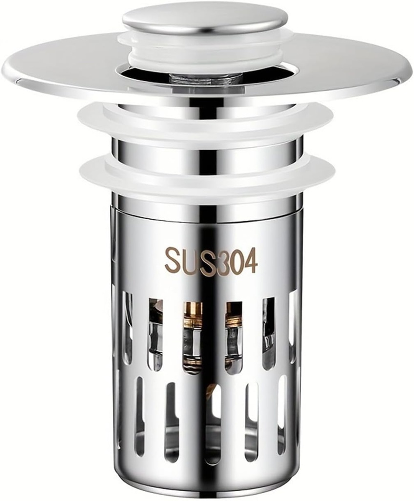 Bathroom Sink Stopper Hair Catcher, Pop-up Sink Drain Strainer with Removable Stainless Steel Strainer Basket Hair Catcher, Universal Drain Filter for Bathroom Sink Stopper Replacement (1PCS)