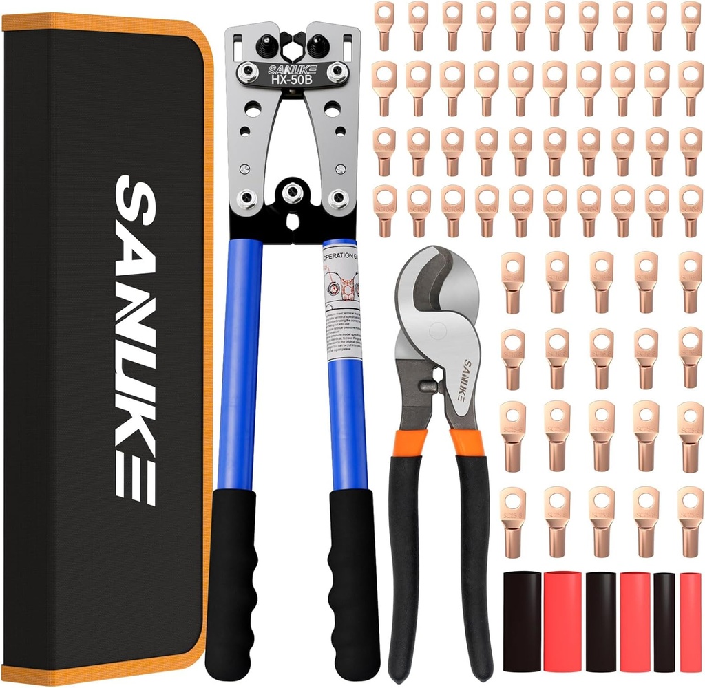Sanuke Battery Cable Lug Crimping Tool Kit with Cable Cutter 60pcs Ring Terminals 60pcs Heat Shrink Tubing and A Bag, Wire Crimper for AWG 10-1/0 Electrical Lug