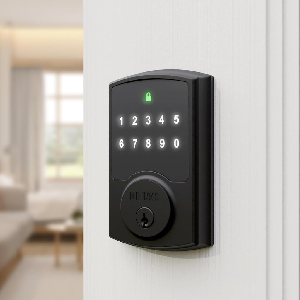 Brinks Keyless Entry Electronic Touchpad Door Lock -Backlit Keypad Deadbolt with Advanced Security, Custom User Codes, Auto-Lock, for Front Door, Home or Office, Matte Black
