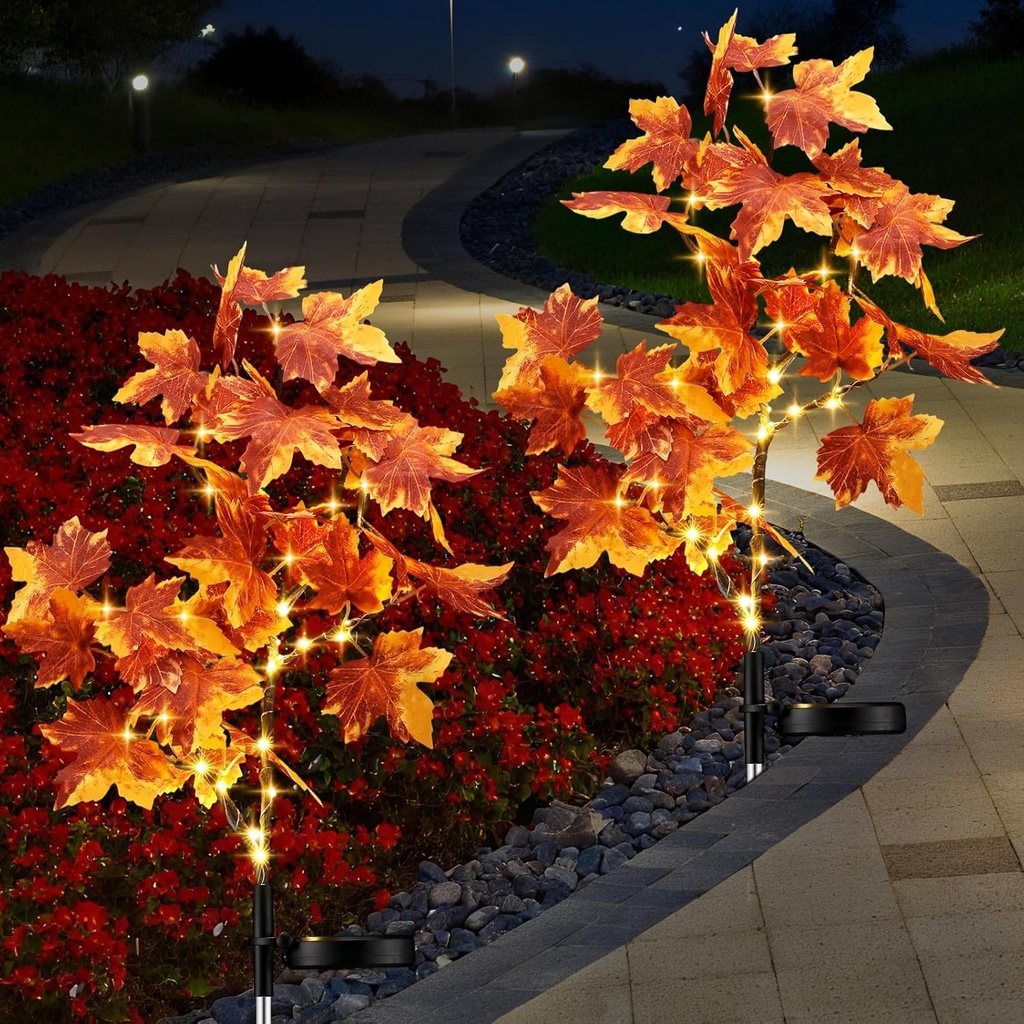 2 Pack Fall Solar Lights Outdoor Decorative, 35 LED Maple Leaf Solar Stake Lights Waterproof Fall Decor for Autumn Garden Yard Outside Pathway Halloween Thanksgiving Decorations