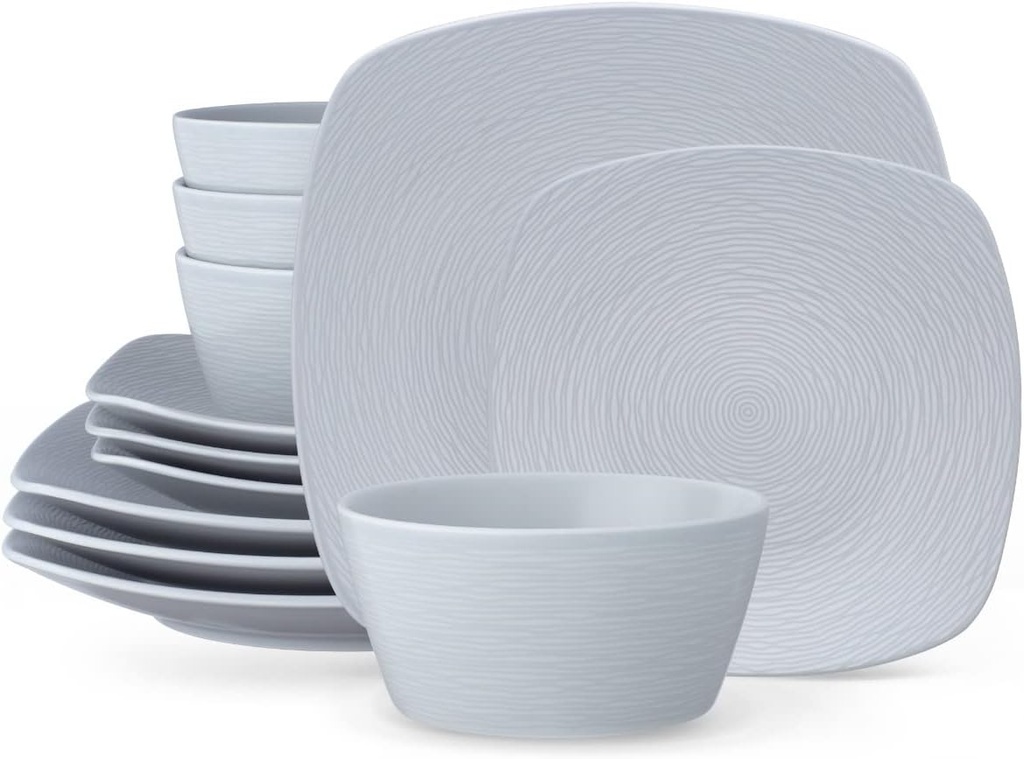 Noritake Colorscapes Grey-on-Grey Swirl 12-Piece Square Dinnerware Set, Service for 4