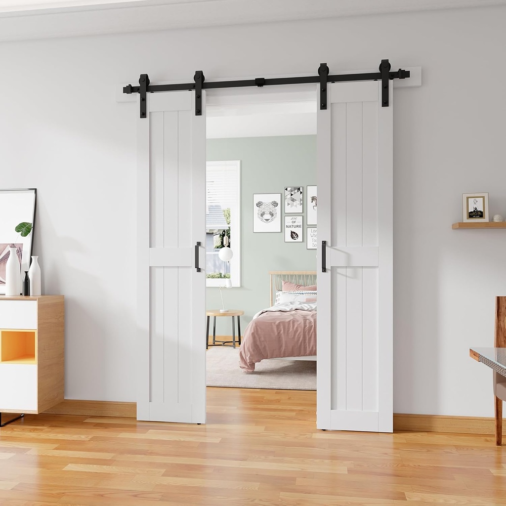 Double 18''x84'' Sliding Barn Door with 6.6 Ft Barn Door Hardware Kit& Handle& Floor Guides,Pre-Drilled Holes Easy Assembly, Water-Proof PVC Surface, H-Frame, White