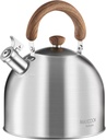 18/8 Stainless Steel Tea Kettle for Stovetop (5L / 5.29 Quart, Whistling Tea Pot, Wood Handle)-Silver