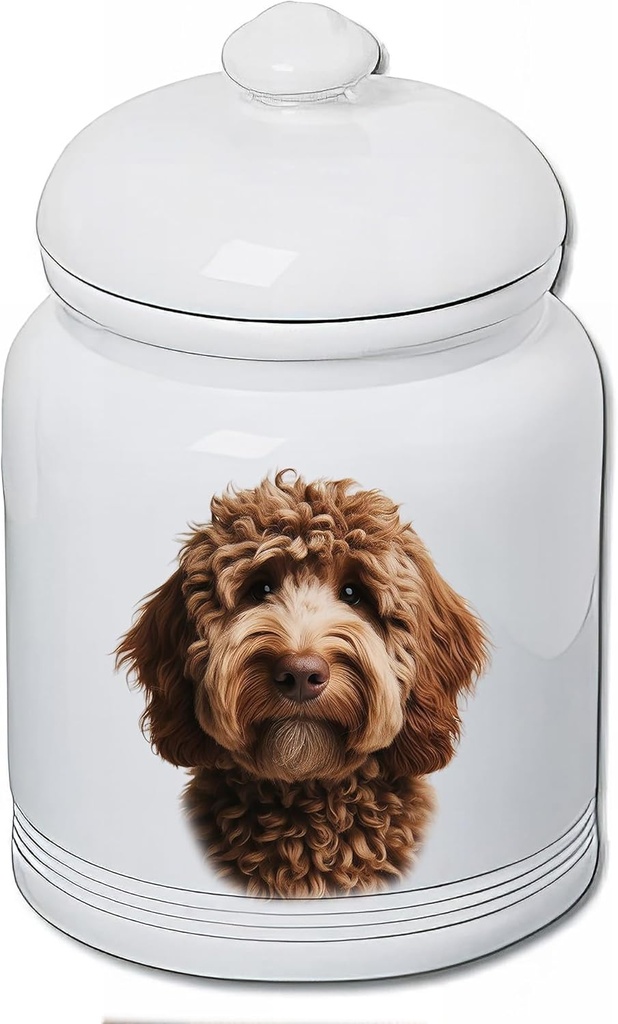 Best of Breed Labradoodle Chocolate Dog and Cat Ceramic Treat Jar 9" Tall Air Tight Seal All White