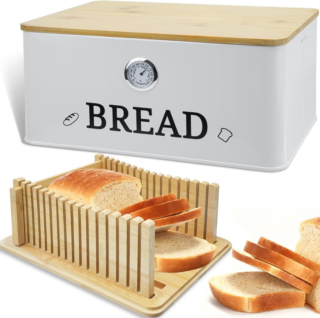 White Bread Box for Kitchen Countertop with Bamboo lid, Hygrometer Kitchen Organizer for Sourdough, Buns, and Loaves, Bread Storage Container with Cutting Board Lid
