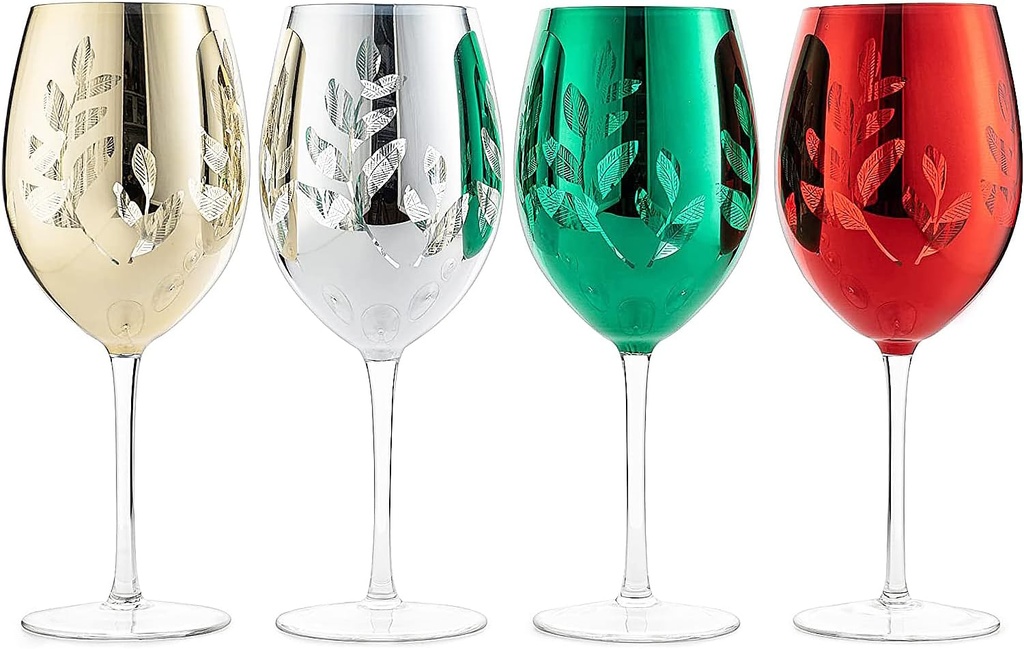 Multicolor Holiday 4-Piece Christmas Tree Wine, Champagne & Water Glasses - Shining Red Green Yellow Silver, Perfect Holiday Parties, Thanksgiving, Glass Trees Decor, Holidays Home Decorations