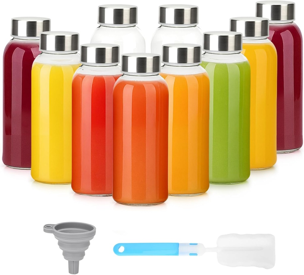 6 oz Clear Glass Water Bottles with Lids, Resuable Glass Juice Bottles for Juicing with Stainless Steel Cap for Refrigerator, 100% Leak Proof Drinking Jar, BPA Free, Set of 10