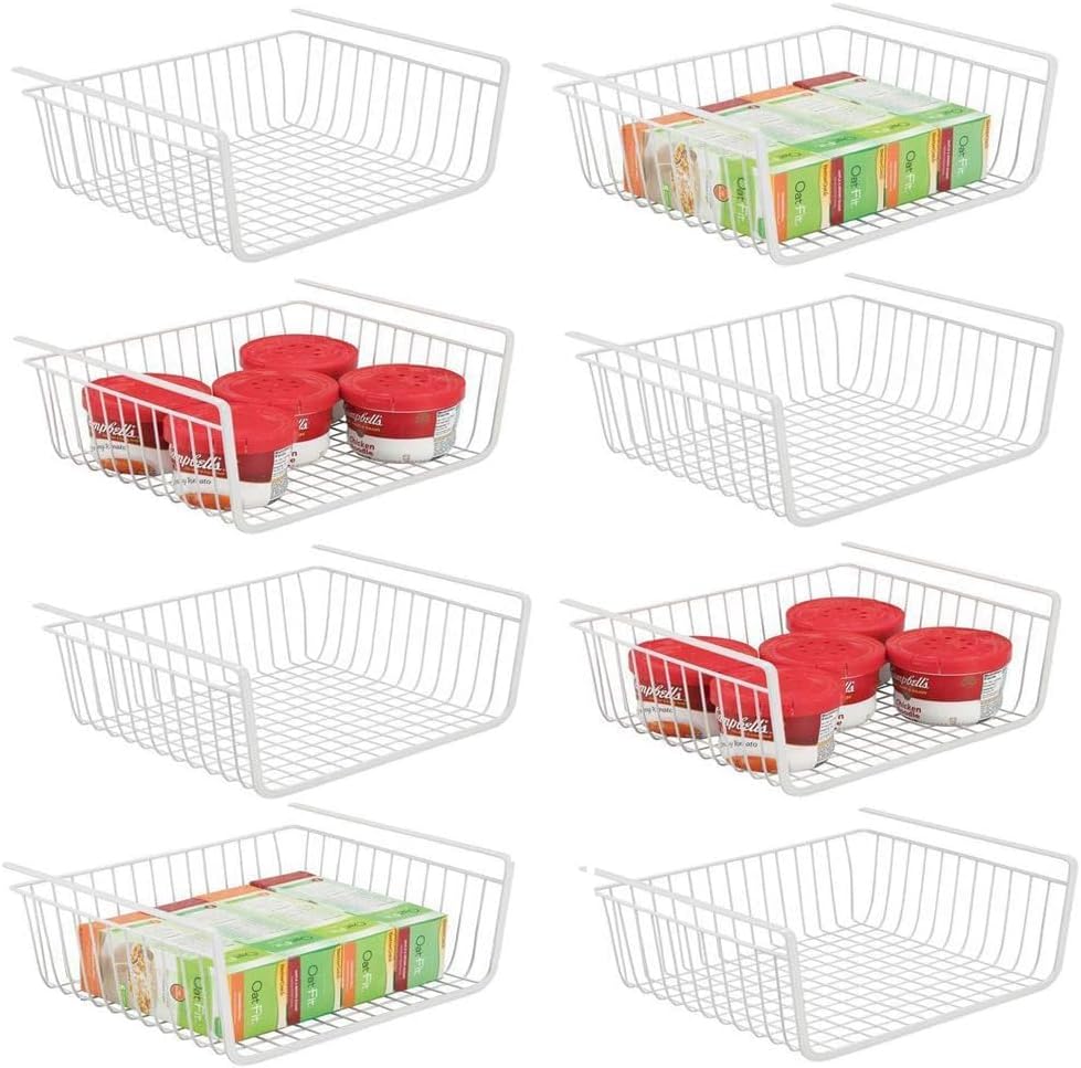8 PACK Hanging Under Shelf Storage Basket Kitchen Cabinet Organizer Storage, Slides Under Wire Shelves for Counter Pantry Desk Bookshelf, White