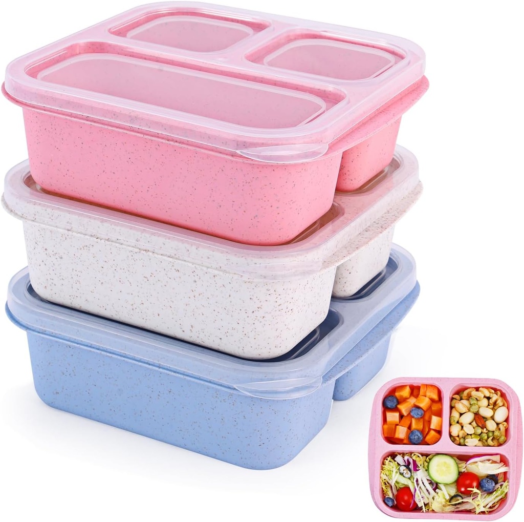 Bento Box [Portion Size], 3 Pack Snack Containers with 3 Compartments for Meal Prep & On-the-Go [School, Travel], Lunchable Container Reusable and BPA-Free