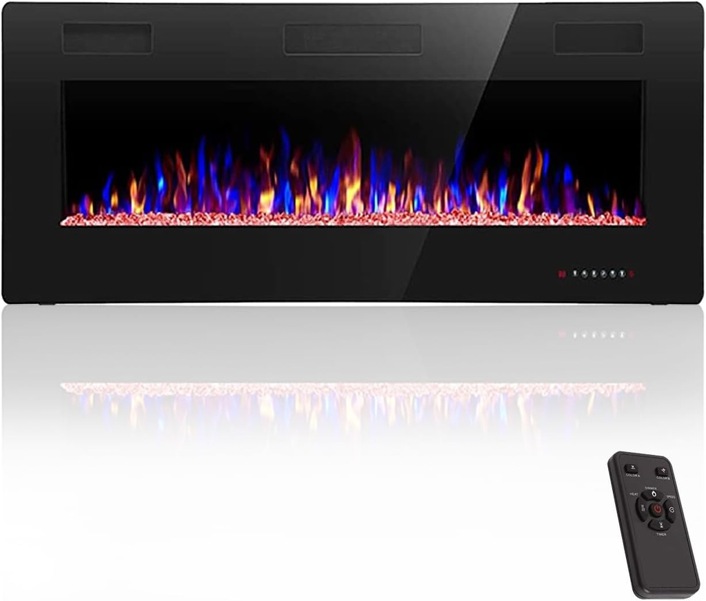 Crzoe 42 Inch Electric Fireplace Insert, in-Wall Recessed and Wall Mounted Heater with Timer, Control by Touch Panel and Remote, Adjustable Flame Color and Speed, 750W/1500W