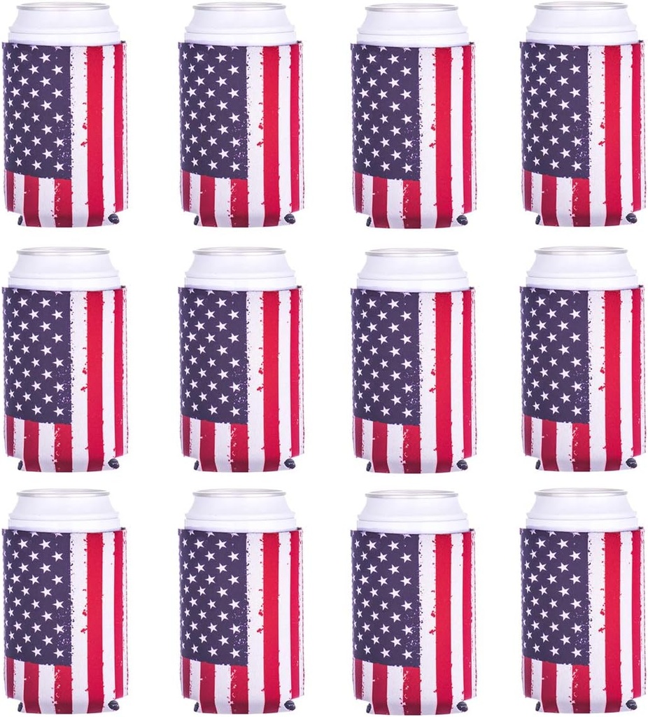 Can Cooler Sleeve 12pcs USA Flag Can Coolers Bulk Neoprene for Can and Bottle 120z