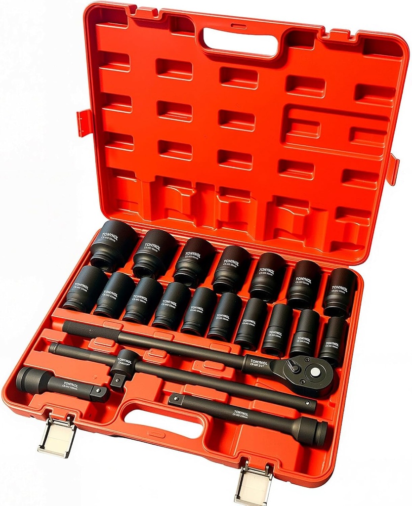 3/4 Inch Drive Deep Impact Socket Set, 21 Pieces, 6 Point, Metric Sizes (19mm to 50mm) with Adapters and Quick Release Ratchet Wrench, Heavy-Duty Cr-Mo Steel, Storage Case