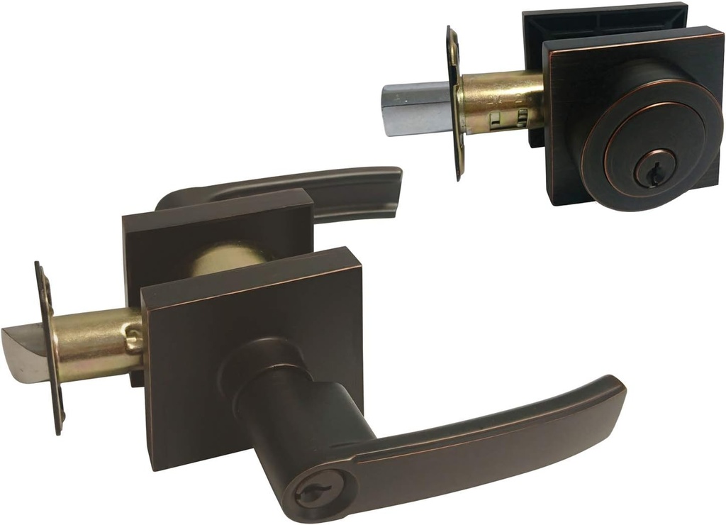 Dark Oil Rubbed Bronze Square Straight Corner Plate Entry Entrance keyed Levers with Matching Single Cylinder Deadbolts Combo Keyed Alike 8048DBR (1 Set)