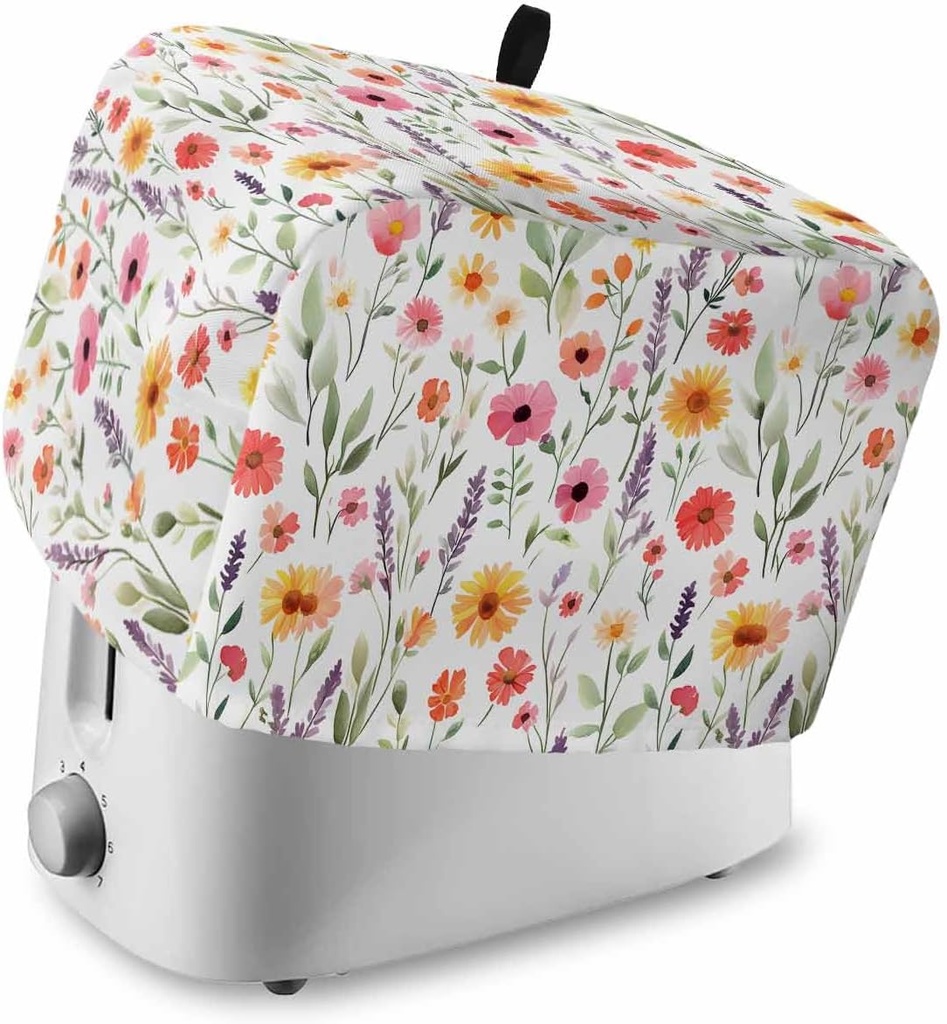 Colorful Spring Floral Toaster Cover 4 Slice, Large Kitchen Appliance Covers, Summer Botanical Farmhouse Toaster Oven Cover with Loop, Bread Machine Cover Polyester Dust Cover Protection