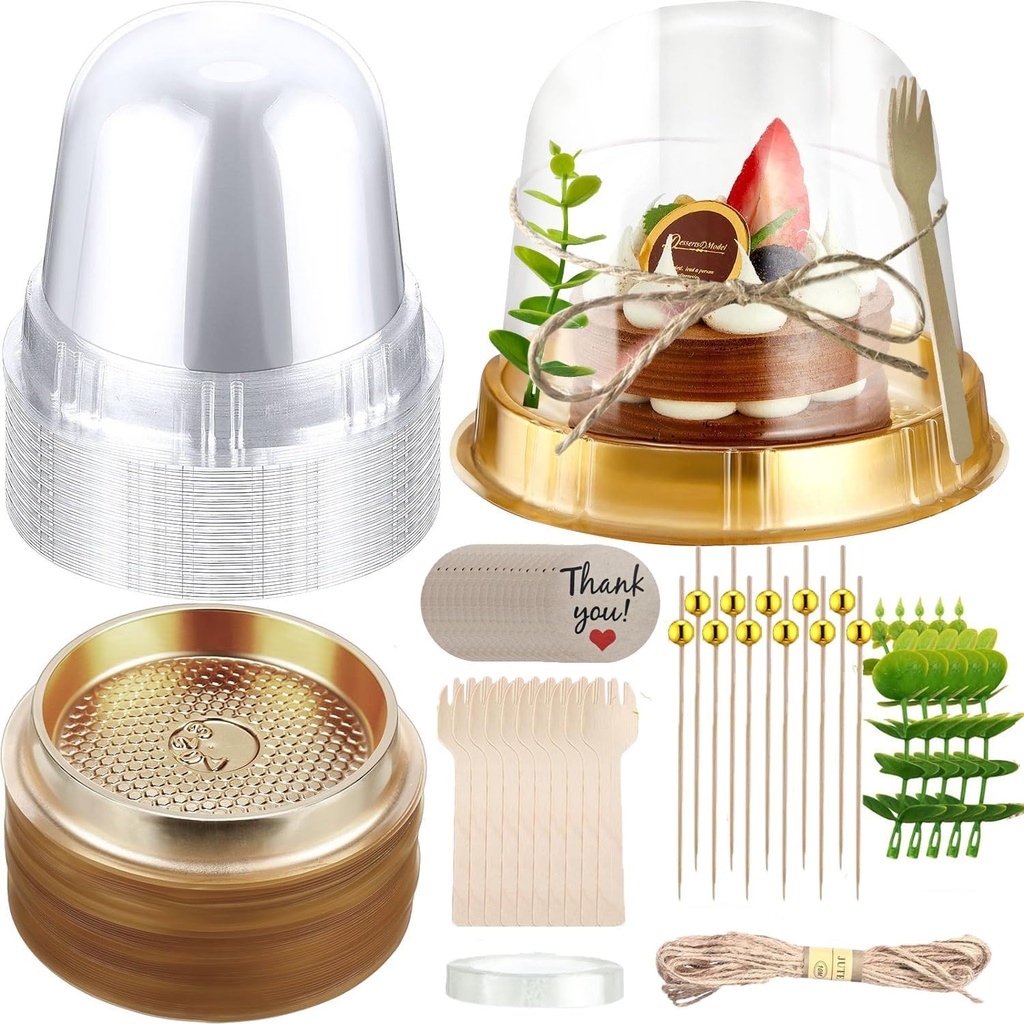 50 Set Disposable Individual Charcuterie Cup Set, Clear Plastic Cupcake Boxes with Dome Lids Cocktail Picks Wooden Forks Eucalyptus Leaves for Wedding Birthday Party Dessert Display