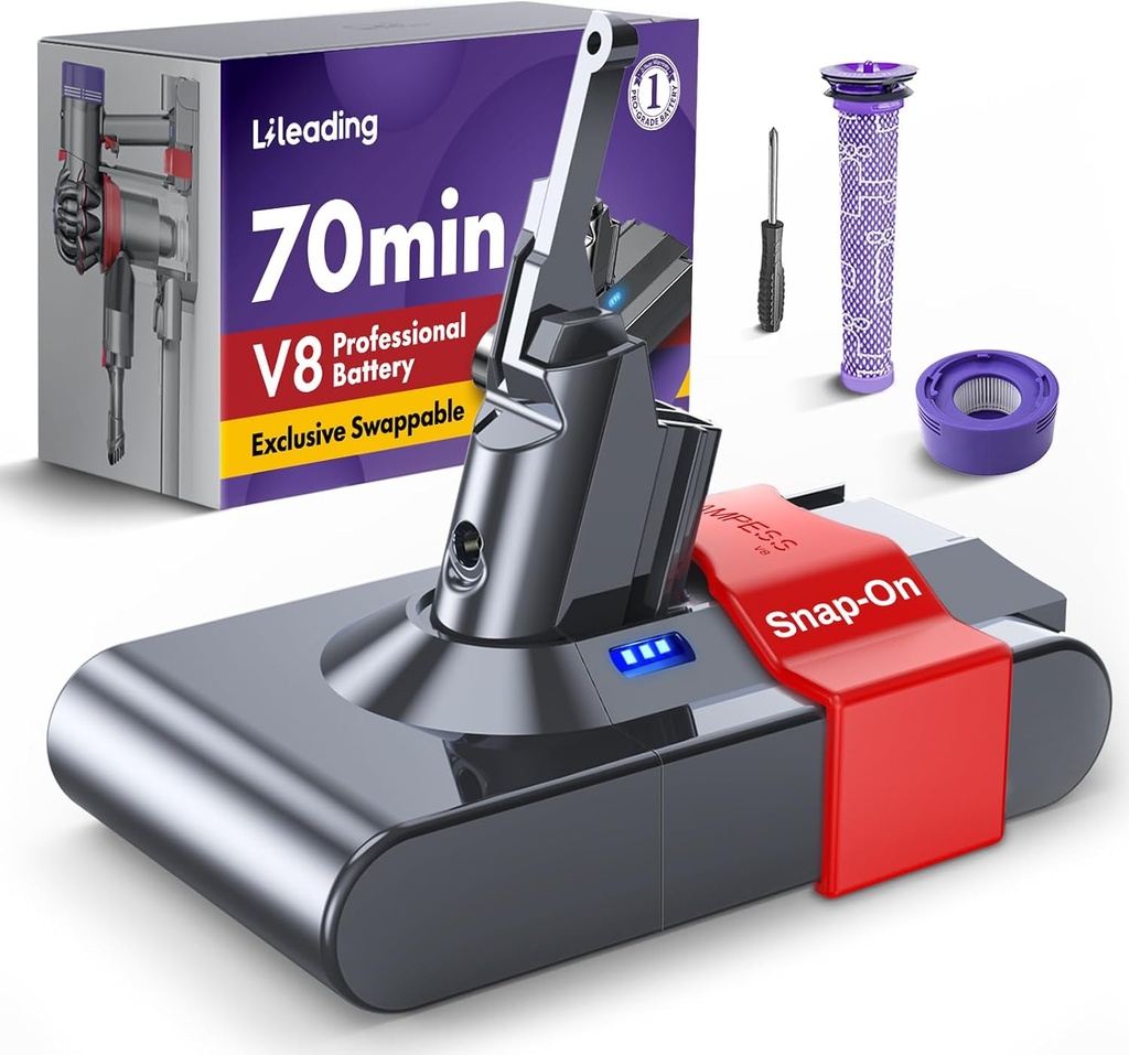 Exclusive Swapple 70 Min V8 Replacement Battery, Compatible with Dyson V8 Animal Absolute Motorhead Fluffy, Battery Lock & 2 Filters