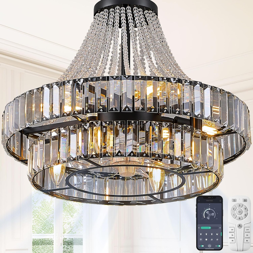 20" Double Layer Crystal Caged Ceiling Fan Light Modern Chandelier Smart Fandelier for Dining Living Room Bedroom FCC Remote/APP Control Italian Design (Crystal, 20IN)