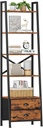 Furologee 5-Tier Ladder Shelf with 2 Drawers,Narrow Bookshelf Storage Shelves,Industrial Bookcase Freestanding Rack Units for Bedroom,Living Room,Bathroom,Home Office,Balcony,Wood Metal,Rustic Brown