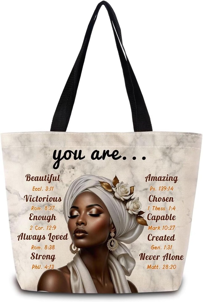 African American Tote Bag Reusable Grocery Bags Aesthetic Shopping Shoulder Handbag with Interior Zipper Pocket Stylish Inspired Bible Quotes Marble Queen Present for Women