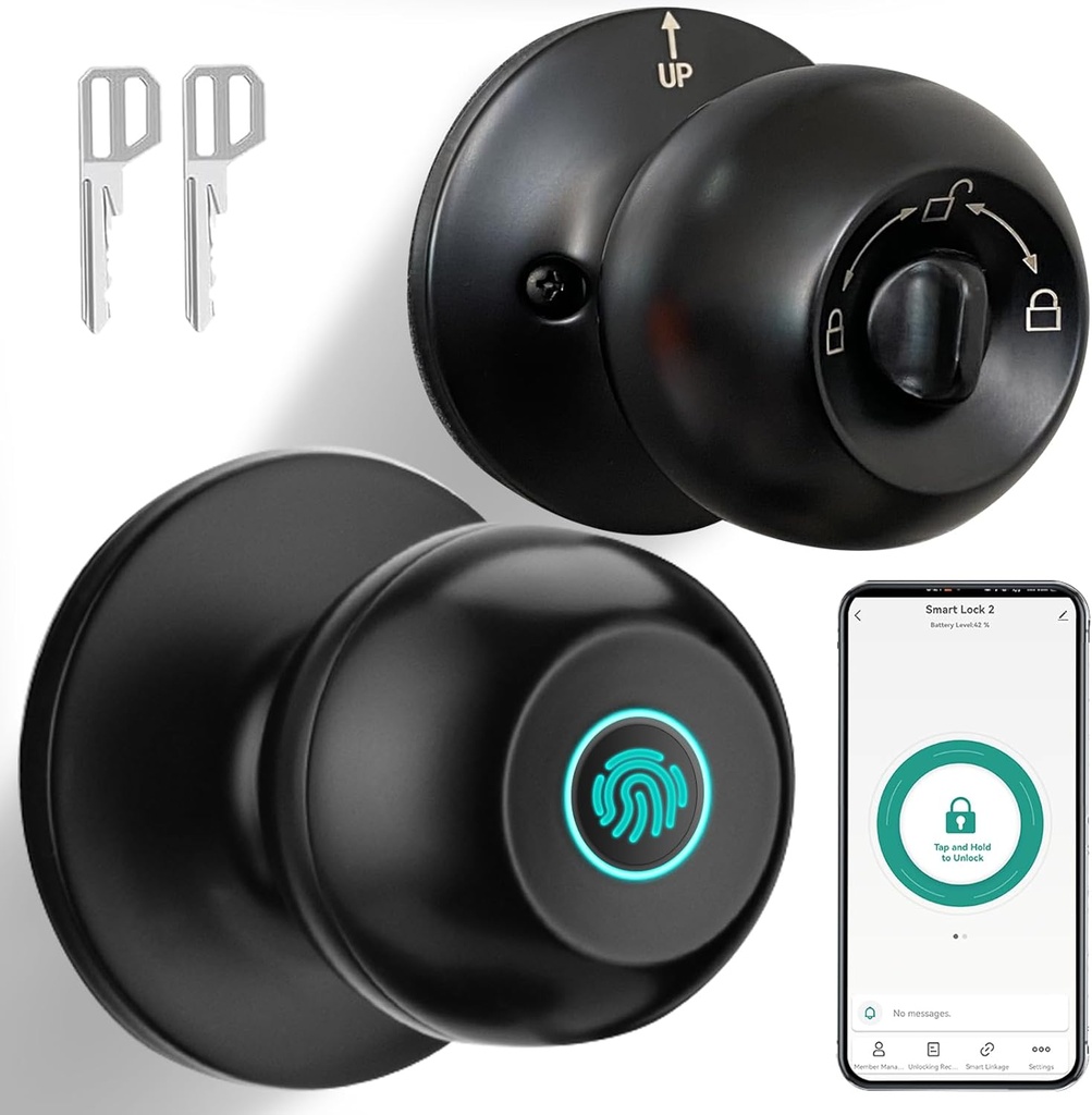 JO.KO Fingerprint Door Lock, Biometric Door Lock with App Control & Key, Smart Door Lock for Bedroom, Entry Door, Keyless Finger Print Door Knob with Thumb Print Black