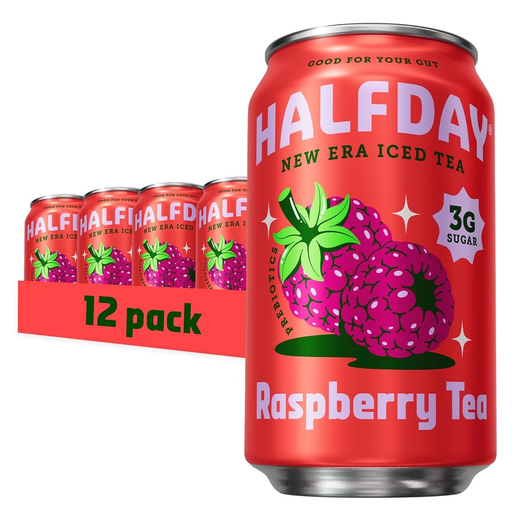HALFDAY Prebiotic Raspberry Iced Tea Cans, Supports Digestive & Gut Health, 6g Plant Fiber & Prebiotics, Low Sugar, 35 Calories, Real Brewed Tea, Natural Caffeine, Gluten Free, 12 fl oz (12 pack) Packaging May Vary