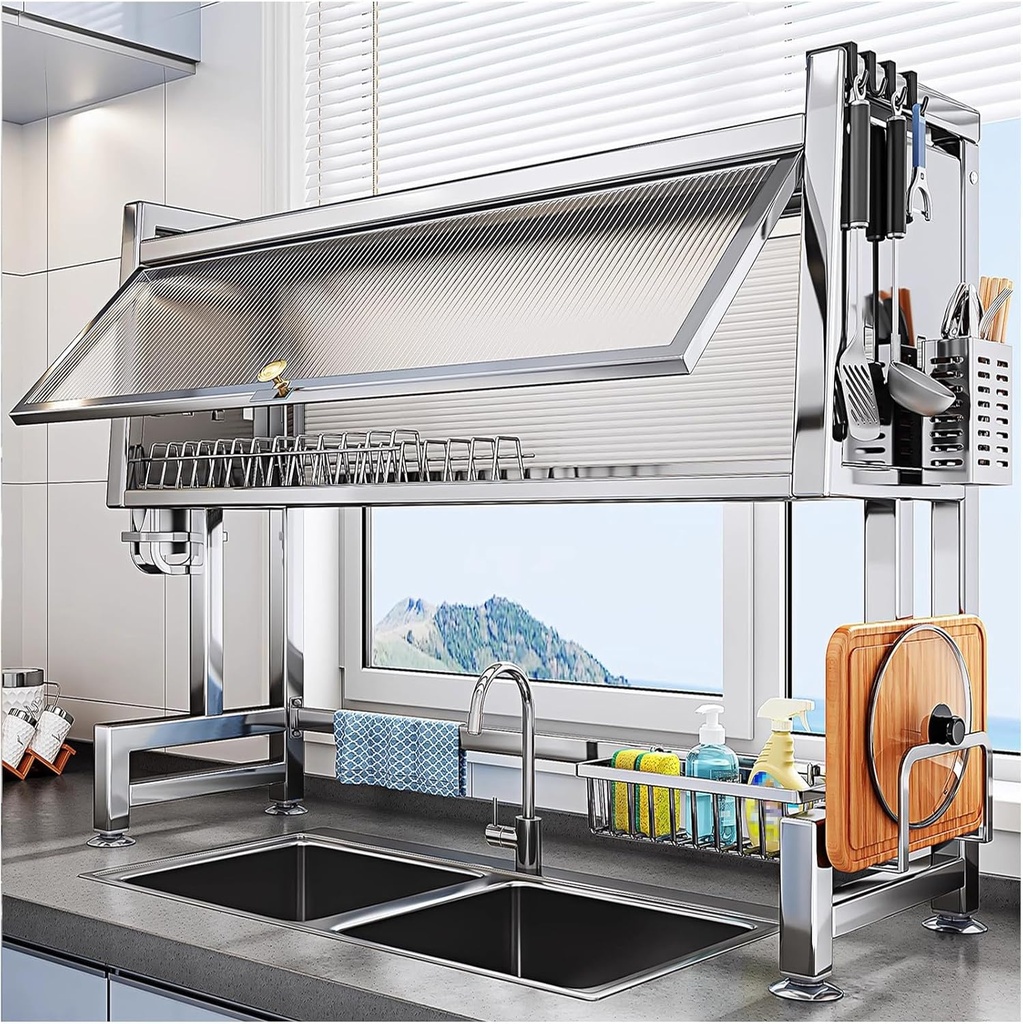 Over The Sink Dish Drying Rack, with Cover Large Dish Drainer Drying Rack for Kitchen Counter with Multiple Baskets Utensil Sponge Holder Sink Caddy, 2 Tier,95cm/37.4in