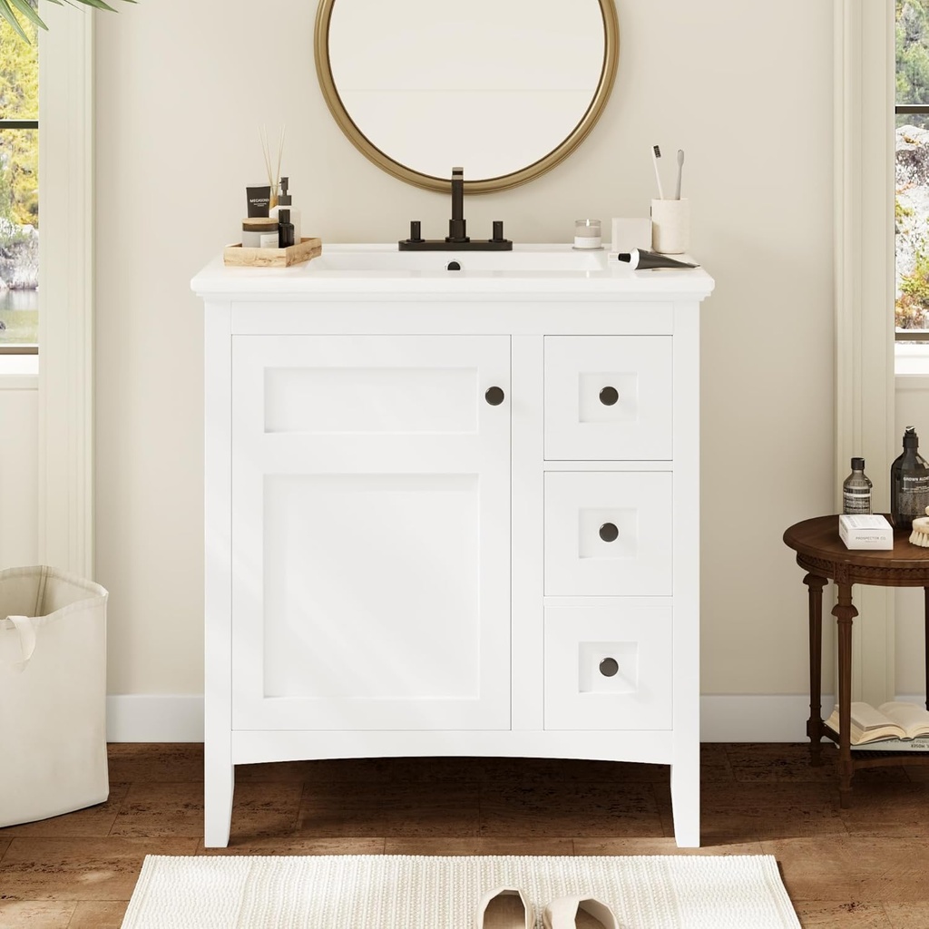 Merax 30 Inch Bathroom Vanity with Integrated Ceramic Sink, Farmhouse Single Sink Bathroom Vanity with 3 Drawers,White