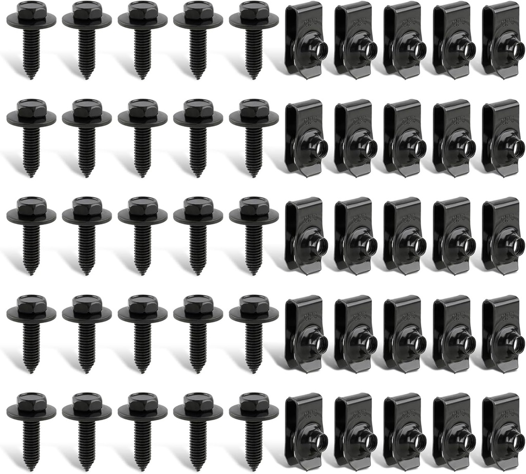 50 Pcs Body Fasteners - 25 Bolts & 25 U-Nut Clips for Fender, Engine Cover & Splash Shield