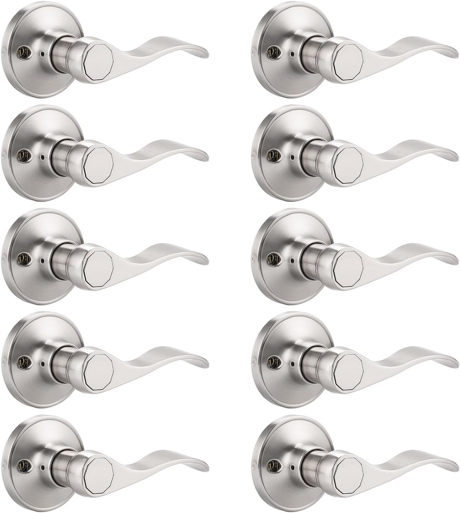 Probrico Wave Design Half Dummy Door Handles, Satin Nickel Dummy Door Levers Hardware (Non-Functioning) for Right Handed Doors 10 Pack