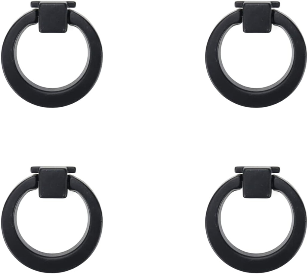 4 Pcs Square Base Drop Ring Pull Handles Zinc Alloy 40mm Diameter Round Drawer Pulls Dresser Pull Knobs (Matte Black)