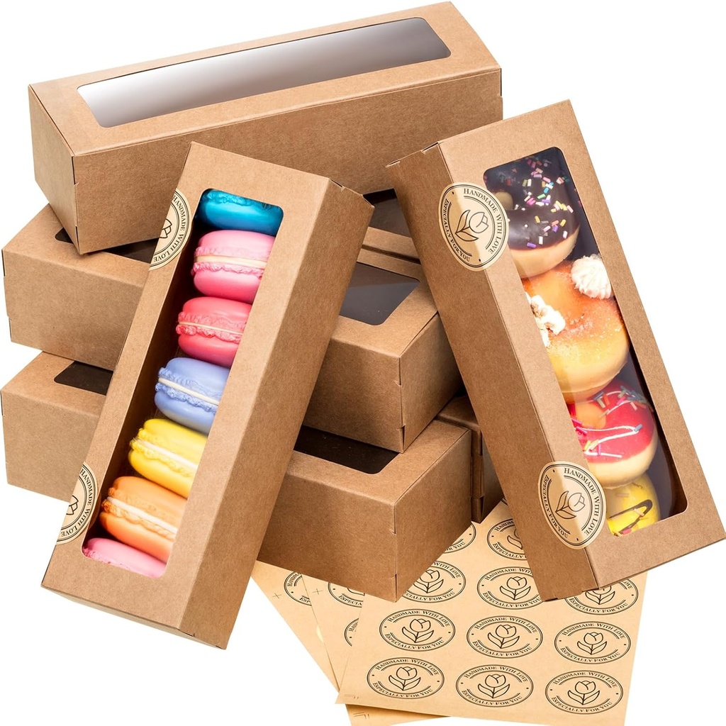 Sherr 100 Pcs Brown Macaron Boxes with Window, Cookies Boxes with 200 Pcs Stickers Long Bakery & Dessert Gifts Containers for Donuts, Pastry, Chocolate Covered Strawberry