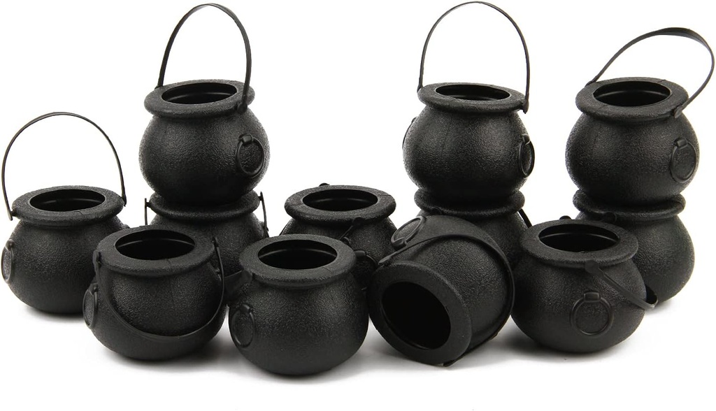 LOMIMOS 12pcs Halloween Day Mini Black Cauldron,Multi-purposed Plastic Candy Holder with Handle for Decoration Party Favors