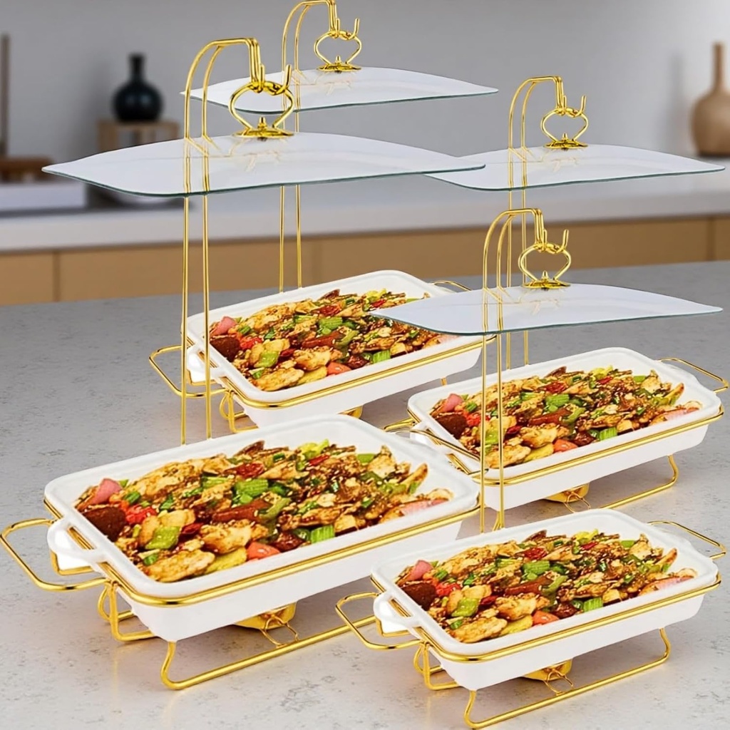 Ceramic Chafing Dishes for Buffet 4 Pack,Chafing Dishes Set with Golden Frames and Supports,2L Food Warmers for Parties Buffet for Weddings,Parties, Banquets,Catering Events