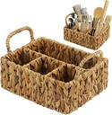 Glenmal Wicker Flatware Storage Basket Utensil Caddy Hand Woven Divided Cutlery Holder Kitchen Utensil Organizer Water Hyacinth Silverware Organizer with Handle for Countertop Party (Rectangular)