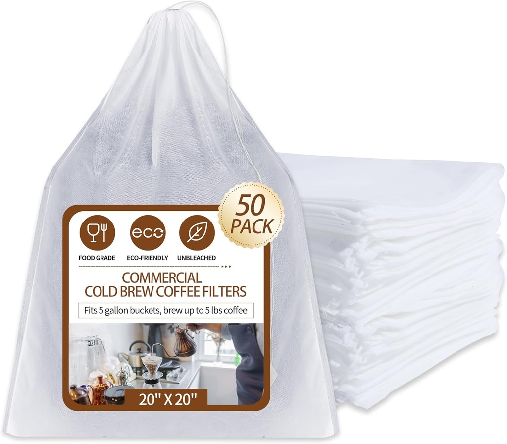 50Pcs Commercial Cold Brew Coffee Filters for 5 Gallon Buckets, 20" X 20" Disposable Coffee Filters with Drawstring for Brew Up To 5 LBS Coffee