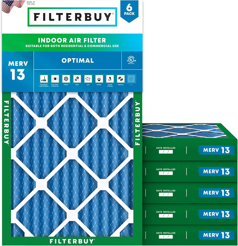 Filterbuy 14x30x2 Air Filter MERV 13 Optimal Smoke & Allergy Defense (6-Pack), Electrostatic Pleated HVAC AC Furnace Filters Replacement, Made in USA (Actual Size: 13.50 x 29.50 x 1.75)