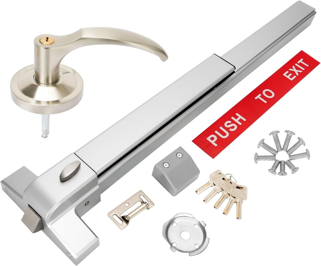 Push Bar Panic Exit Device - 27.5" Long, with Exterior Lever, Commercial Door Lock for 28-41" Wood/Metal Exit Doors