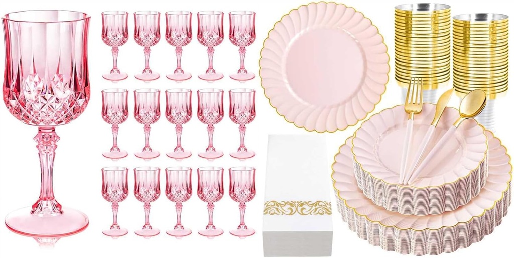 Ciaell 24PCS Pink Plastic Wine Glasses and 175 PCS Pink Scalloped Plastic Plates for Wedding, Bar, Wine, Beer, Juice, Cocktail, Whiskey