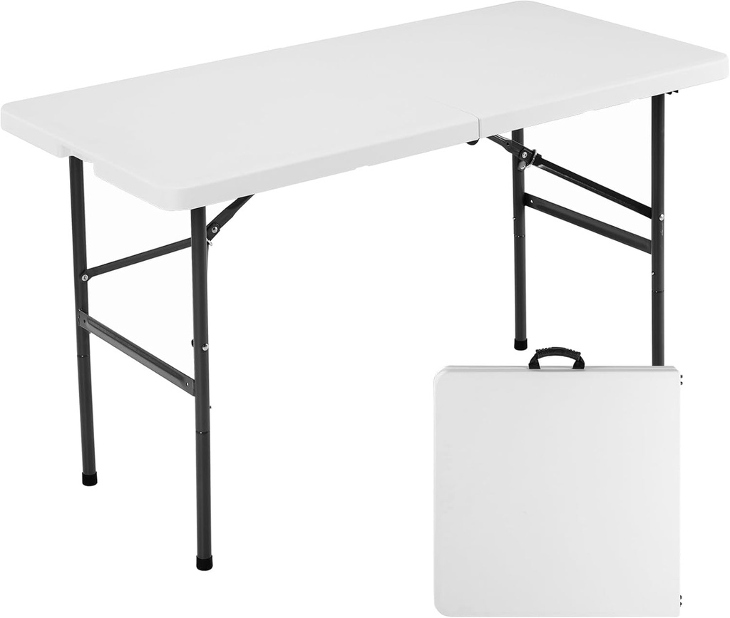 Sweetcrispy 4ft Plastic Folding Table Outdoor Indoor Heavy Duty Portable Desk with Carrying Handle for Camping Picnic Party
