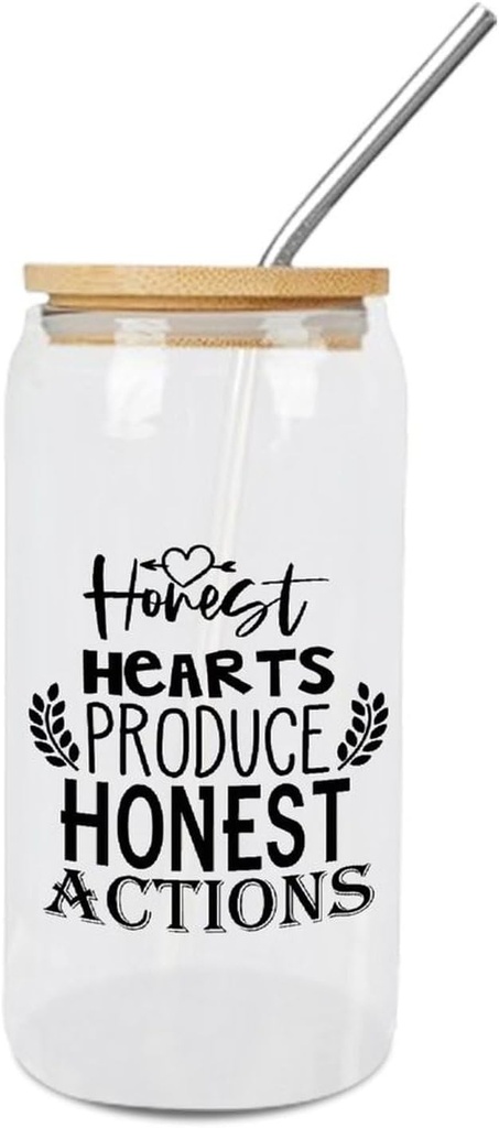 Quotes Glass Cups with Bamboo Lids And Straw 16 Oz, Honest Hearts Produce Honest Actions. Iced Tea Glasses Drinking Glasses Set Tumbler Glass Can Coffee Cups, Drinking Glassware