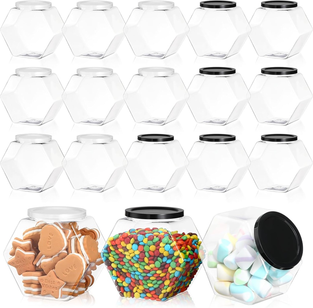 Dandat 18 Pcs Plastic Candy Jar Hexagon Shaped Plastic Cookie Container with Lid 28 oz Clear Wide Mouth Storage Display Jar for Cookies Candy Snacks Paper Stars Laundry Dog Treats Gifts Storage