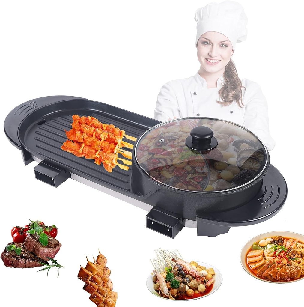 Electric 2 In 1 Hot Pot Barbecue Grill, GDAE10 Non-stick Teppanyaki Pan Soup Multifunctional Anti-dry Korean 3.6L Capacity Double Cooker (1500W x 2) Hotpot Home Kitchen Restaurant Indoor Outdoor