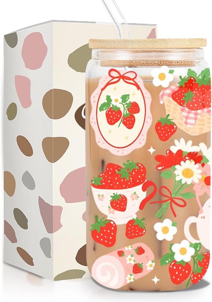Strawberry Iced Coffee Cup, Cute Strawberry Picnic Glass Tumbler, 16 oz Coffee Glass Cup with Lid Straw, Coquette Kawaii Farm