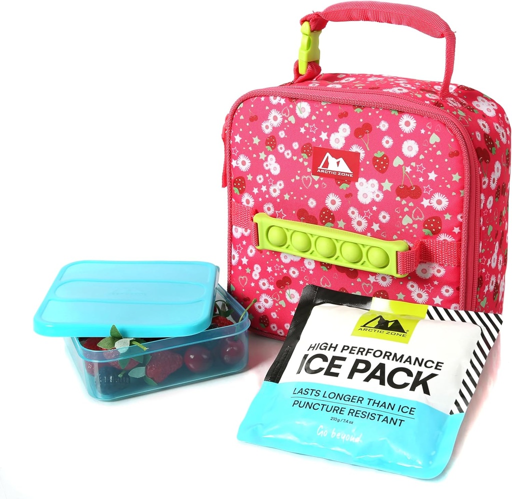 Arctic Zone Pop-it Kids Lunch Box Combo with Sensory Pop Handle, 210g Ice Pack, and Sandwich Container, Very Berry Cherry