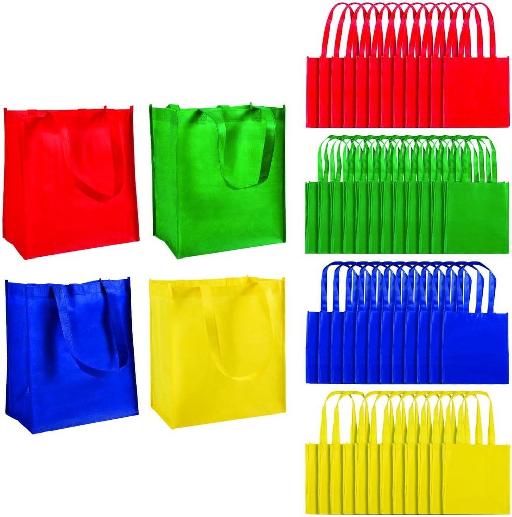 Fun Express Reusable Grocery Bags Bulk 50 Pack - Large Shopping Bags with Handles for Groceries | Foldable Tote Bags in Multiple Colors | Heavy-Duty Plastic Material for Farmers Market & Daily Use
