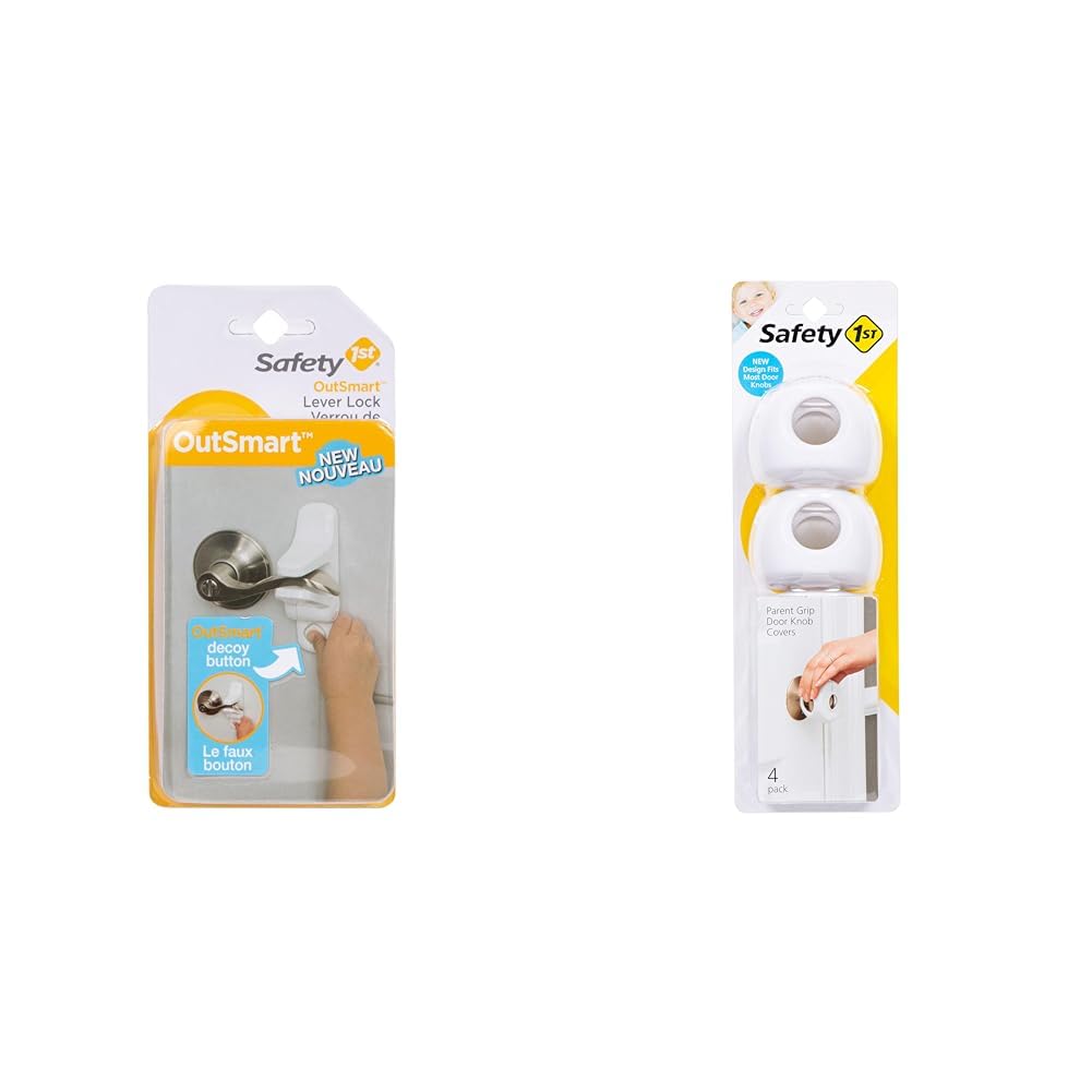 Safety 1st OutSmart Child Proof Door Lever Lock (White), 1 Count (Pack of 1) & Parent Grip Door Knob Covers, White, One Size,4 Count (Pack of 1) (HS3260600)